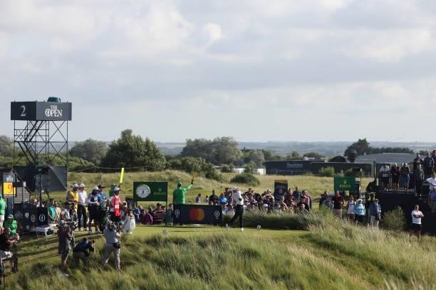 Rory McIlroy of Northern Ireland tees off on the 9th hole during Day One of The 149th Open at Royal St George’s Golf Club on July 15, 2021 in...