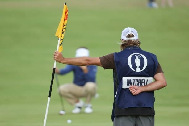 The caddie of Keith Mitchell of The United States looks on during Day One of The 149th Open at Royal St George’s Golf Club on July 15, 2021 in...
