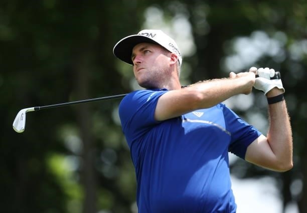 Taylor Pendrith of Canada plays his shot from the 17th tee during the first round of the Barbasol Championship at Keene Trace Golf Club on July 15,...