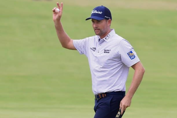 Webb Simpson of the United States acknowledges the crowd on the 18th green during Day One of The 149th Open at Royal St George’s Golf Club on July...