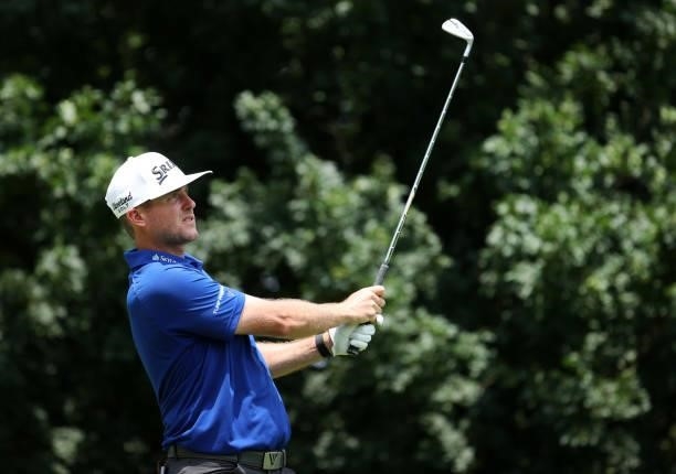 Taylor Pendrith of Canada plays his shot from the 16th tee during the first round of the Barbasol Championship at Keene Trace Golf Club on July 15,...