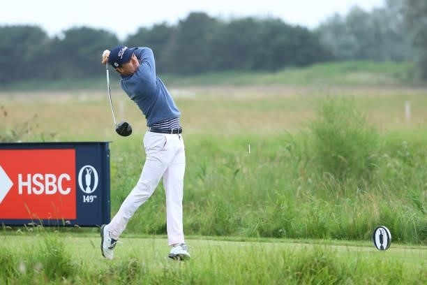 Justin Thomas of the United States plays his shot from the 15th tee during Day One of The 149th Open at Royal St George’s Golf Club on July 15, 2021...