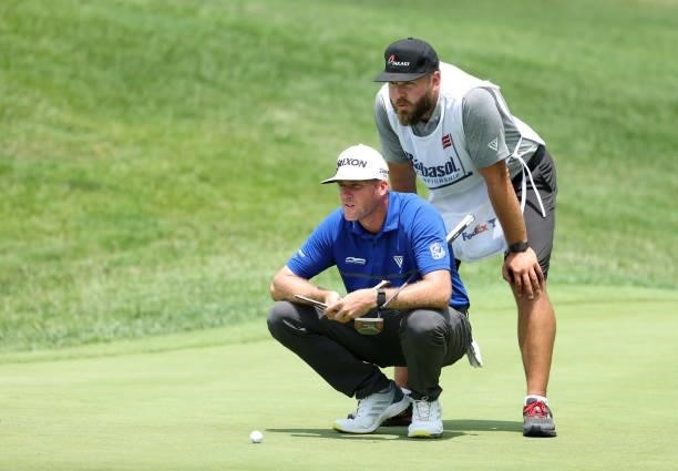 Taylor Pendrith of Canada lines up a putt on the 16th green during the first round of the Barbasol Championship at Keene Trace Golf Club on July 15,...