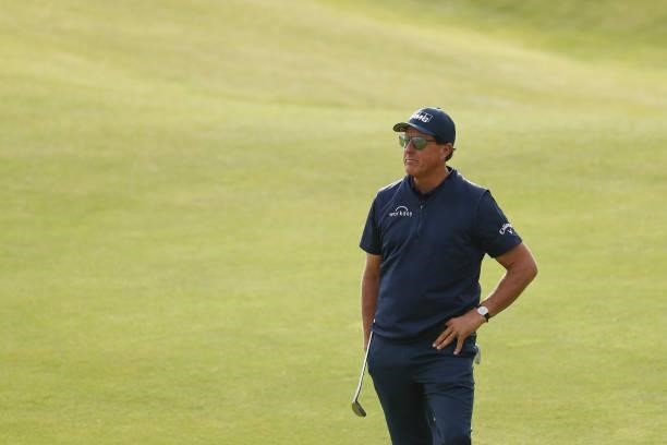 Phil Mickelson of the United States looks on from the 15th hole during Day One of The 149th Open at Royal St George’s Golf Club on July 15, 2021 in...