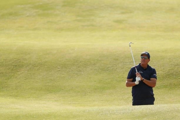 Phil Mickelson of the United States plays a shot on the 15th hole during Day One of The 149th Open at Royal St George’s Golf Club on July 15, 2021 in...