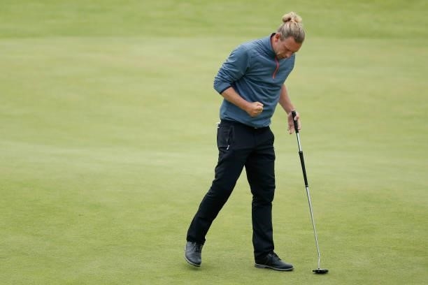 Marcel Siem of Germany reacts on the 18th green during Day One of The 149th Open at Royal St George’s Golf Club on July 15, 2021 in Sandwich, England.