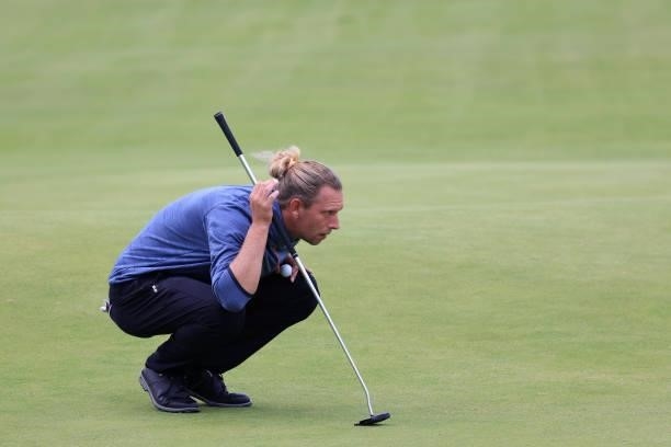 Marcel Siem of Germany lines up a putt on the 18th green during Day One of The 149th Open at Royal St George’s Golf Club on July 15, 2021 in...
