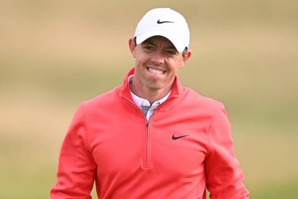 Rory McIlroy of Northern Ireland reacts as he putts on the 11th green during Day One of The 149th Open at Royal St George’s Golf Club on July 15,...