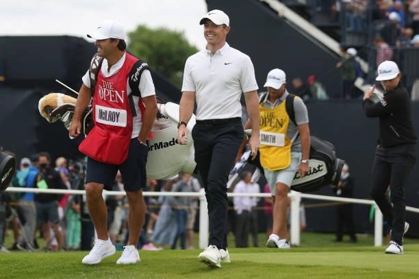 Rory McIlroy of Northern Ireland walks on the 1st hole during Day One of The 149th Open at Royal St George’s Golf Club on July 15, 2021 in Sandwich,...