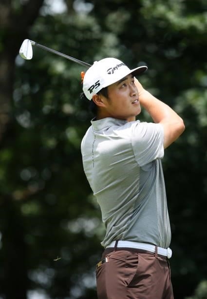 Bobby Bai of China plays his shot from the 16th tee during the first round of the Barbasol Championship at Keene Trace Golf Club on July 15, 2021 in...