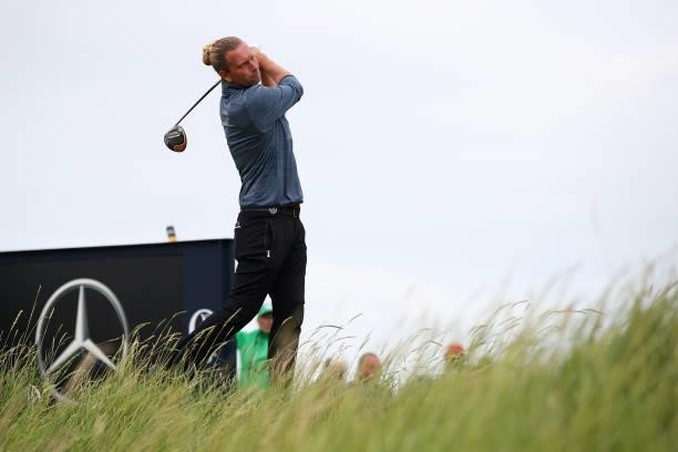 Marcel Siem of Germany plays his shot from the 18th tee during Day One of The 149th Open at Royal St George’s Golf Club on July 15, 2021 in Sandwich,...