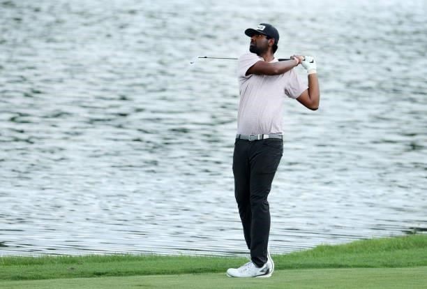 Sahith Theegala plays his third shot on the 18th hole during the first round of the Barbasol Championship at Keene Trace Golf Club on July 15, 2021...