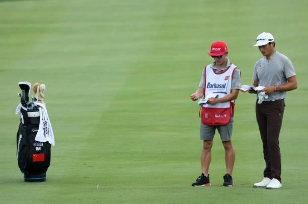 Bobby Bai of China prepares to play a shot on the 18th hole during the first round of the Barbasol Championship at Keene Trace Golf Club on July 15,...