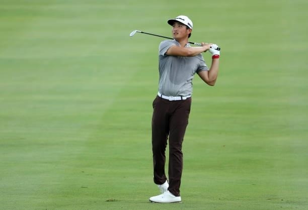 Bobby Bai of China plays a shot on the 18th hole during the first round of the Barbasol Championship at Keene Trace Golf Club on July 15, 2021 in...