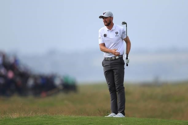 Nicholas Poppleton of England plays his second shot on the 8th hole during Day One of The 149th Open at Royal St George’s Golf Club on July 15, 2021...