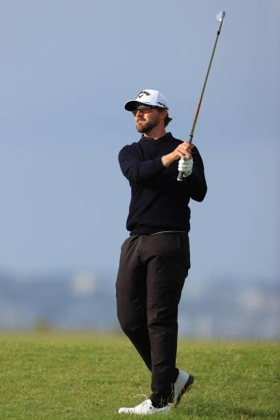 Rikard Karlberg of Sweden plays his second shot on the 8th hole during Day One of The 149th Open at Royal St George’s Golf Club on July 15, 2021 in...