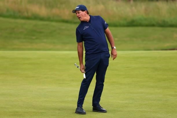 Phil Mickelson of the United States reacts after a missed putt on the 16th green during Day One of The 149th Open at Royal St George’s Golf Club on...