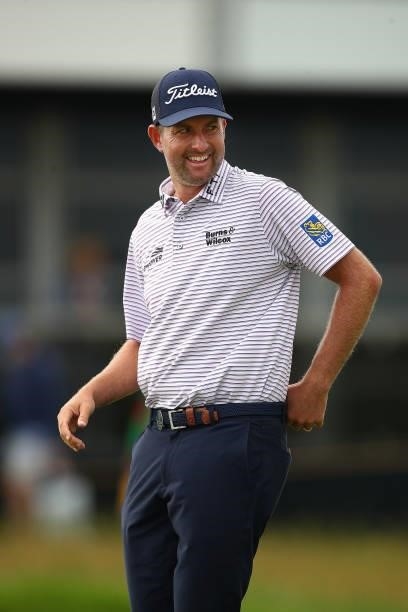 Webb Simpson of the United States smiles after making a birdie on the 16th hole during Day One of The 149th Open at Royal St George’s Golf Club on...