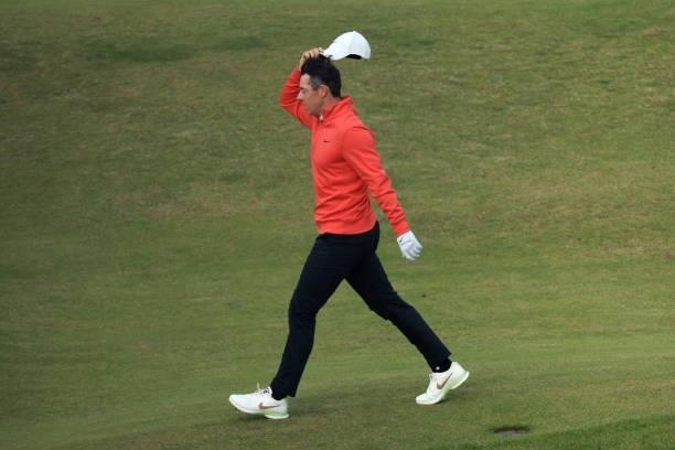 Rory McIlroy of Northern Ireland looks dejected during Day One of The 149th Open at Royal St George’s Golf Club on July 15, 2021 in Sandwich, England.