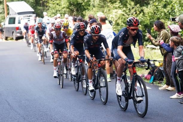 Richard Carapaz of Ecuador, Jonathan Castroviejo of Spain & Tao Geoghegan Hart of The United Kingdom and Team INEOS Grenadiers during the 108th Tour...