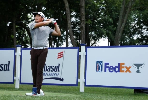 Bobby Bai of China plays his shot from the 17th tee during the first round of the Barbasol Championship at Keene Trace Golf Club on July 15, 2021 in...
