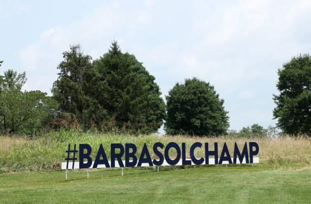 Signage is seen during the first round of the Barbasol Championship at Keene Trace Golf Club on July 15, 2021 in Nicholasville, Kentucky.