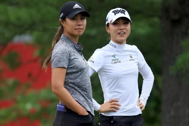 Danielle Kang and Lydia Ko of Australia wait on the 11th hole during the second round of the Dow Great Lakes Bay Invitational at Midland Country Club...