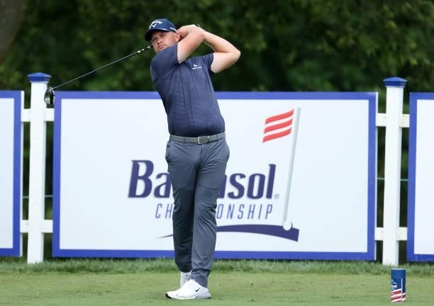Tom Lewis of England plays his shot from the first tee during the first round of the Barbasol Championship at Keene Trace Golf Club on July 15, 2021...