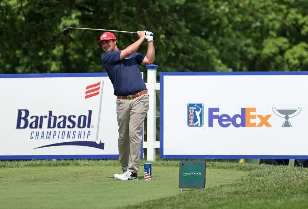 Johnson Wagner plays his shot from the first tee during the first round of the Barbasol Championship at Keene Trace Golf Club on July 15, 2021 in...