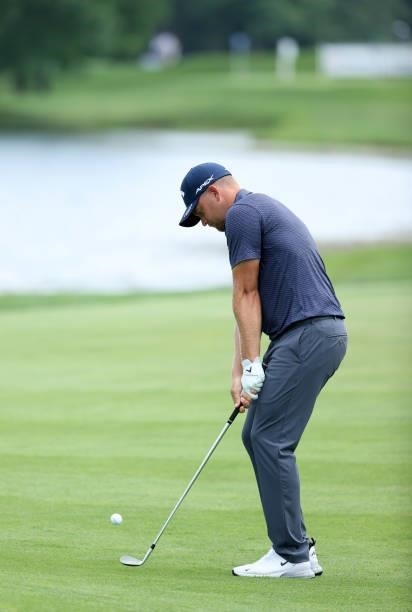 Tom Lewis of England plays his third shot on the 18th hole during the first round of the Barbasol Championship at Keene Trace Golf Club on July 15,...