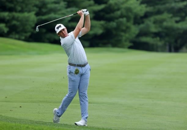Luke List plays his second shot on the 11th hole during the first round of the Barbasol Championship at Keene Trace Golf Club on July 15, 2021 in...