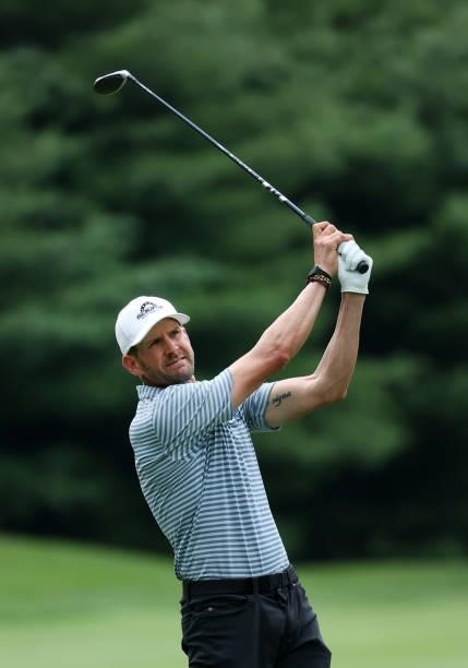 Trahan plays his second shot on the 11th hole during the first round of the Barbasol Championship at Keene Trace Golf Club on July 15, 2021 in...