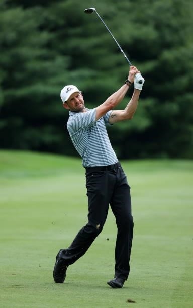 Trahan plays his second shot on the 11th hole during the first round of the Barbasol Championship at Keene Trace Golf Club on July 15, 2021 in...