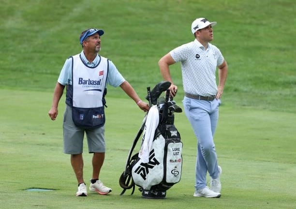 Luke List prepares to play his second shot on the 11th hole during the first round of the Barbasol Championship at Keene Trace Golf Club on July 15,...