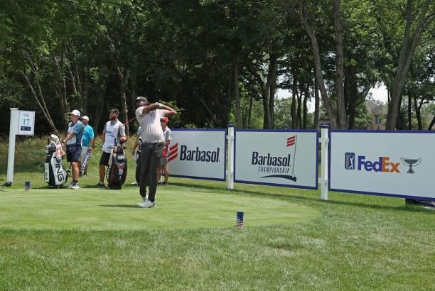 Sahith Theegala plays his shot from the 17th tee during the first round of the Barbasol Championship at Keene Trace Golf Club on July 15, 2021 in...