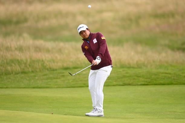 Poom Saksansin of Thailand plays his second shot on the 11th hole during Day One of The 149th Open at Royal St George’s Golf Club on July 15, 2021 in...