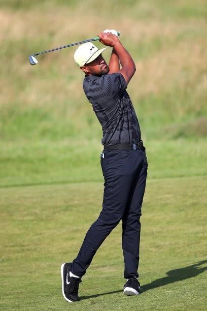 Tony Finau of USA plays his second shot on the 17th during Day One of The 149th Open at Royal St George’s Golf Club on July 15, 2021 in Sandwich,...