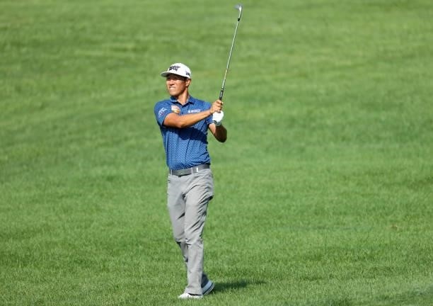 James Hahn plays his second shot on the first hole during the first round of the Barbasol Championship at Keene Trace Golf Club on July 15, 2021 in...