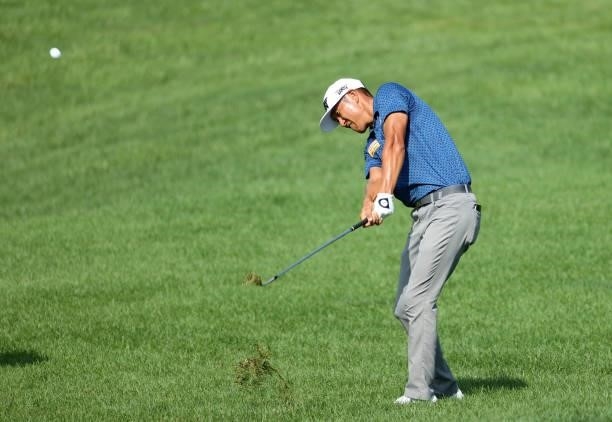 James Hahn plays his second shot on the first hole during the first round of the Barbasol Championship at Keene Trace Golf Club on July 15, 2021 in...