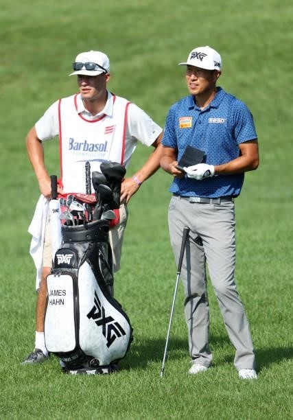 James Hahn prepares to play his second shot on the first hole during the first round of the Barbasol Championship at Keene Trace Golf Club on July...
