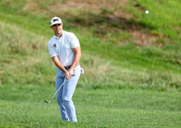 Luke List plays his third shot on the 11th hole during the first round of the Barbasol Championship at Keene Trace Golf Club on July 15, 2021 in...