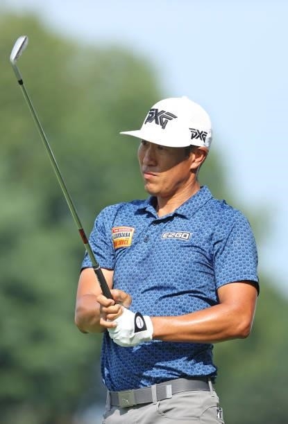 James Hahn plays his shot from the second tee during the first round of the Barbasol Championship at Keene Trace Golf Club on July 15, 2021 in...