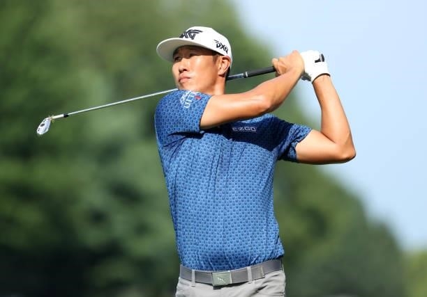 James Hahn plays his shot from the second tee during the first round of the Barbasol Championship at Keene Trace Golf Club on July 15, 2021 in...