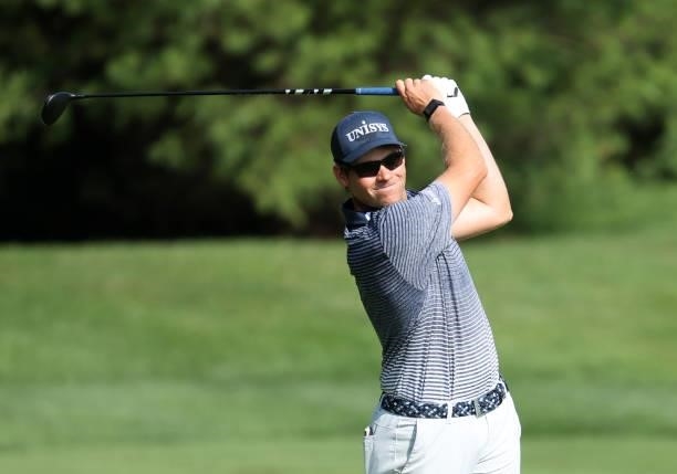 Adam Schenk plays his shot on the 11th hole during the first round of the Barbasol Championship at Keene Trace Golf Club on July 15, 2021 in...