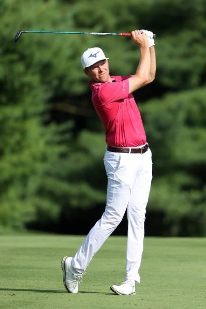 Bo Hoag plays his second shot on the 11th hole during the first round of the Barbasol Championship at Keene Trace Golf Club on July 15, 2021 in...