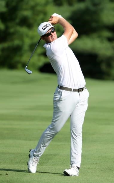 Seamus Power of Ireland plays his second shot on the 11th hole during the first round of the Barbasol Championship at Keene Trace Golf Club on July...