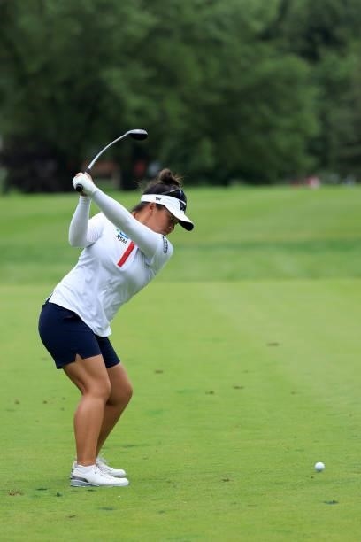 Megan Khang plays a shot on the ninth hole during the second round of the Dow Great Lakes Bay Invitational at Midland Country Club on July 15, 2021...