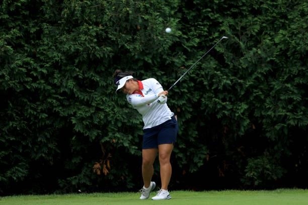 Megan Khang plays a shot during the second round of the Dow Great Lakes Bay Invitational at Midland Country Club on July 15, 2021 in Midland,...