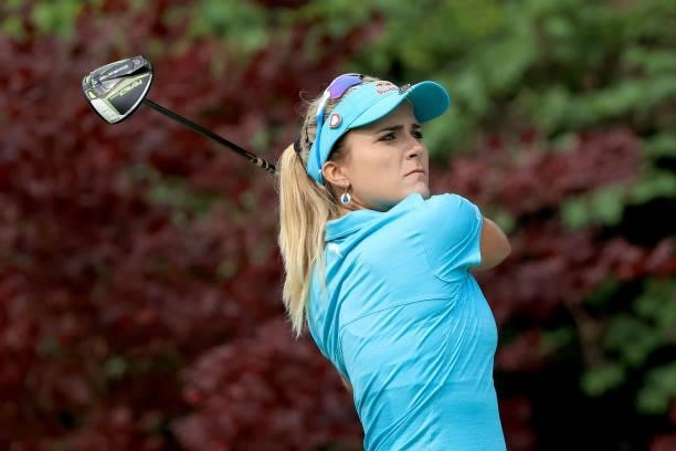 Lexi Thompson plays a shot on the sixth hole during the second round of the Dow Great Lakes Bay Invitational at Midland Country Club on July 15, 2021...