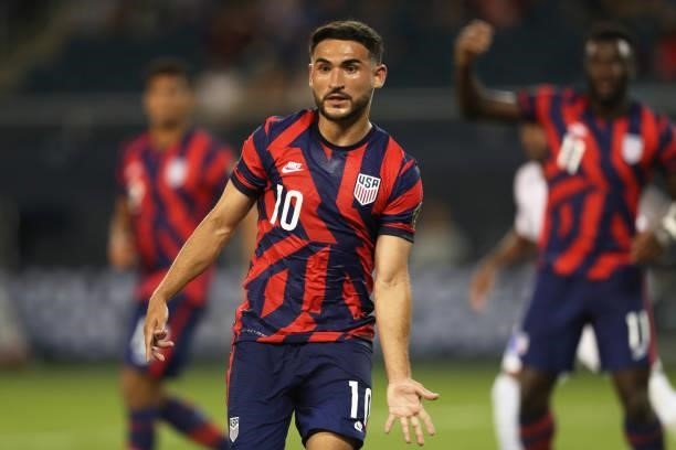 Cristian Roldan of the United States reacts during a Group B match between Martinique and United States as part of 2021 the CONCACAF Gold Cup at...